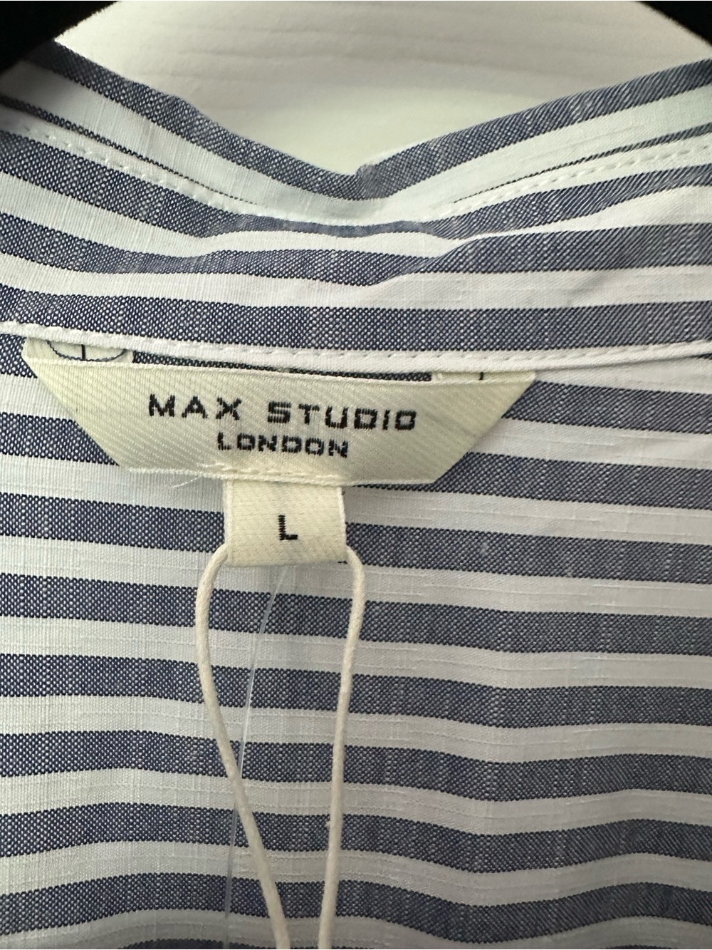Max Studio Grey and White Vertical Stripe Roll-Tab Blouse - Picture 2 of 6